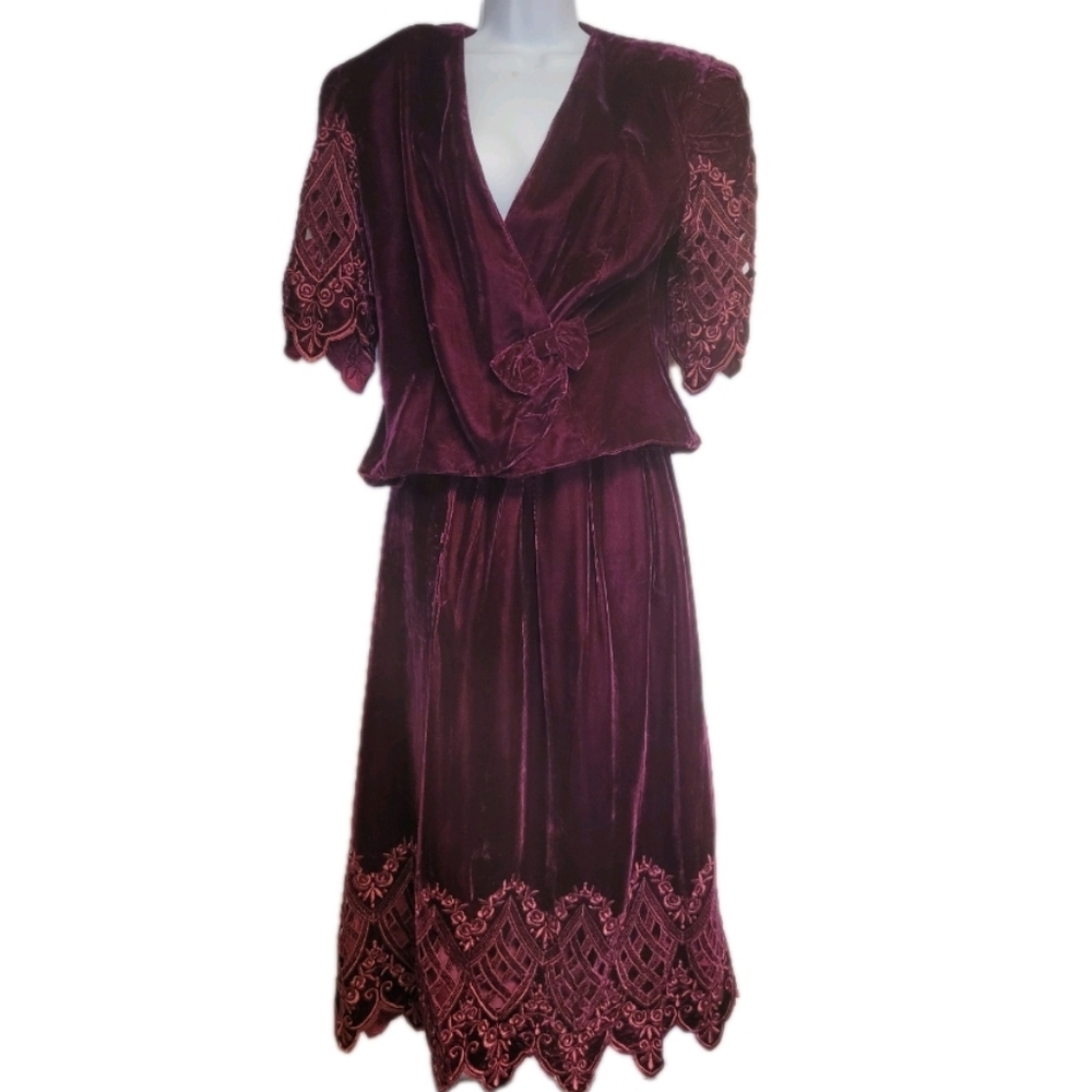 Vintage 80's Liberty Lucrezia Cloak of Many Colors Skirt Set Velvet Burgundy 12